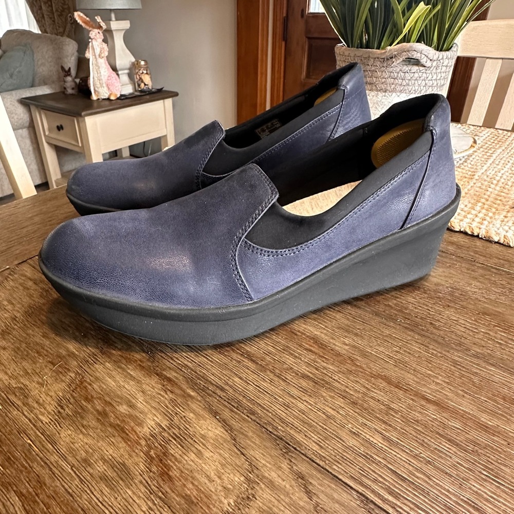 Clarks Cloudsteppers‎ Navy Low Moon Slip On Wedge Loafers Comfort Shoes Size 10M